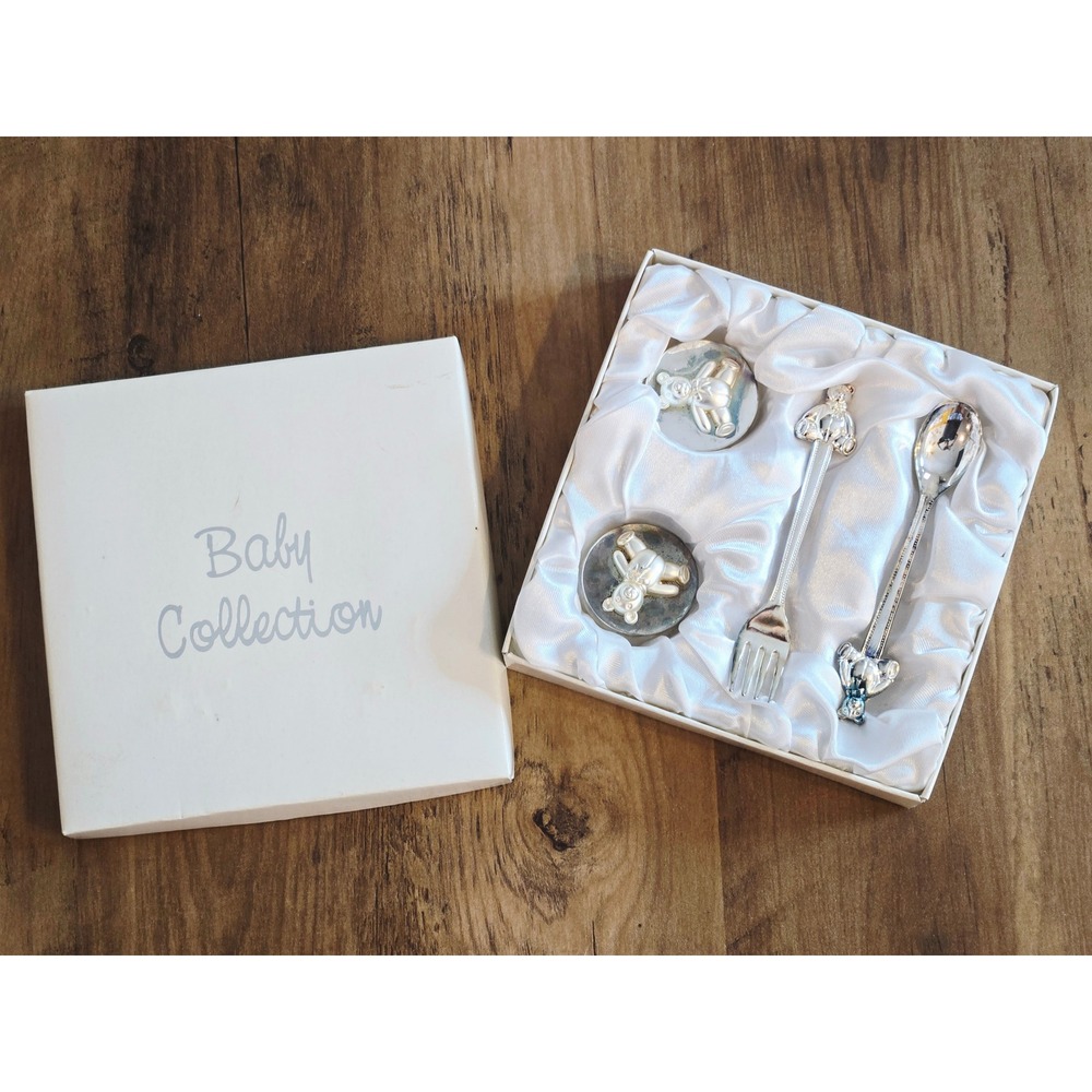 Baby Collection Silver Plated Teddy Bear Keepsake - Tooth Curl Boxes Fork Spoon